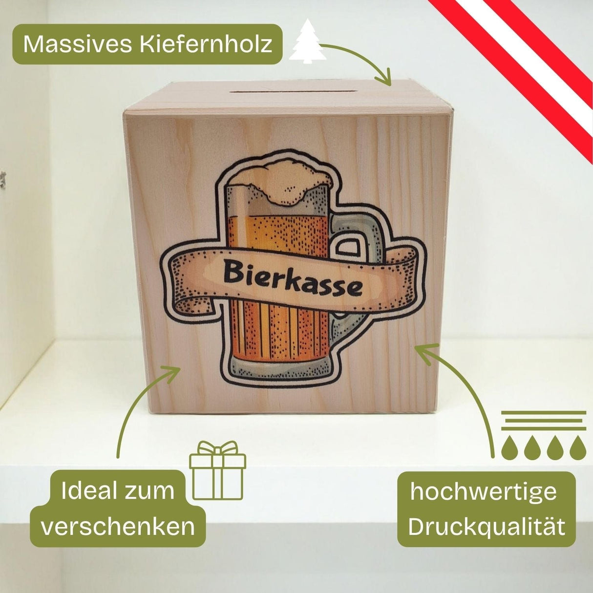 Hölzerne Bierspardose.