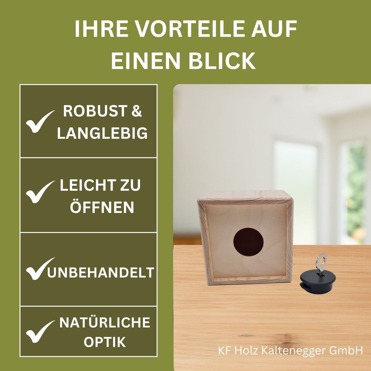 Holzkiste mit einem Loch und einem schwarzen Stopfen.