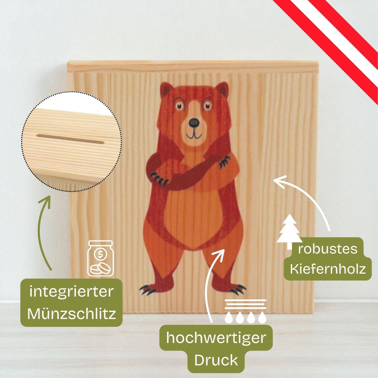 Eine Spardose aus Holz mit Bärenmotiv, integriertem Münzschlitz und hochwertigem Druck.