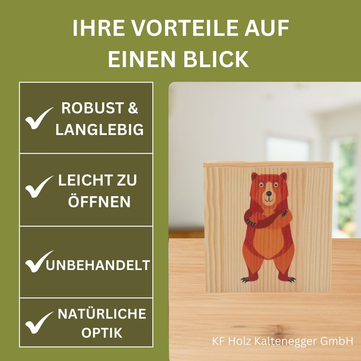 Holzkiste mit einer Illustration eines Bären und einem Text, der seine Eigenschaften hervorhebt.
