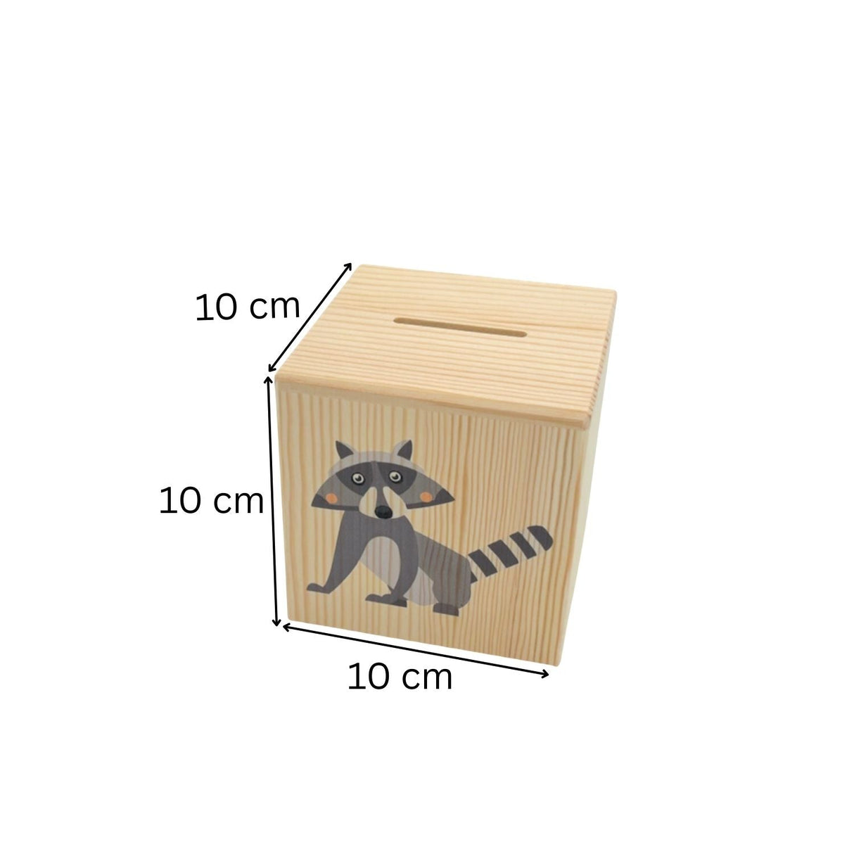 Spardose aus Holz mit einer Waschbär-Illustration, die auf jeder Seite 10 cm misst.