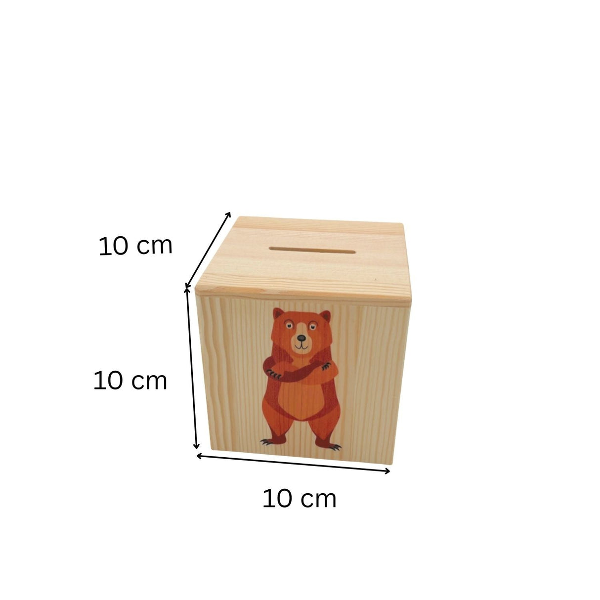 Sparschwein aus Holz mit einer Bärenillustration auf der Vorderseite.