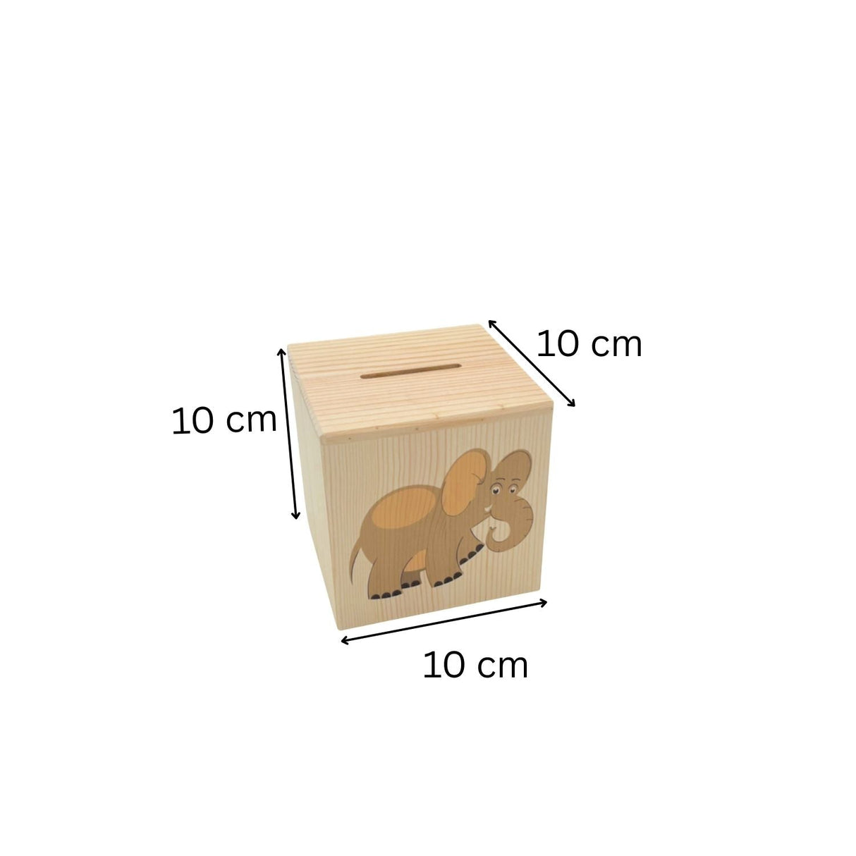Ein Sparschwein aus hellem Holz mit einem Elefantenmotiv und einem Schlitz für Münzen, das auf jeder Seite 10 cm misst.