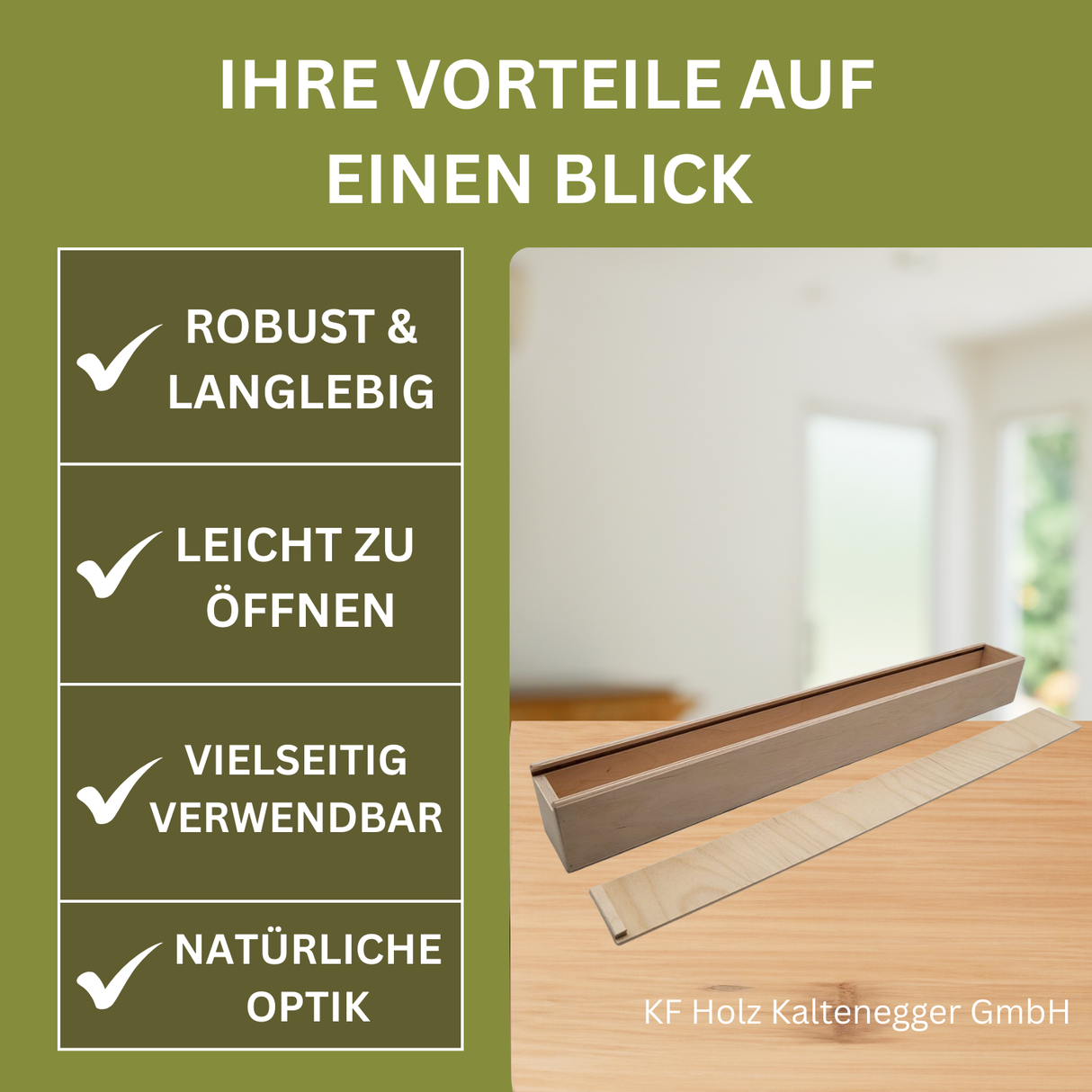 Ein schlankes, hellbraunes Holztablett mit passendem Deckel, das für praktische und natürliche Ästhetik gestaltet ist.