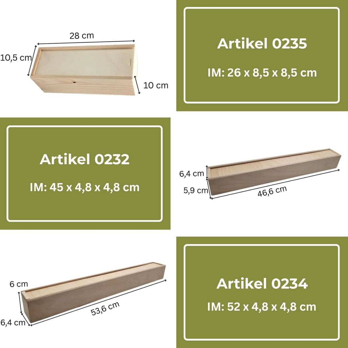 Verschiedene Holzkisten mit Abmessungen.