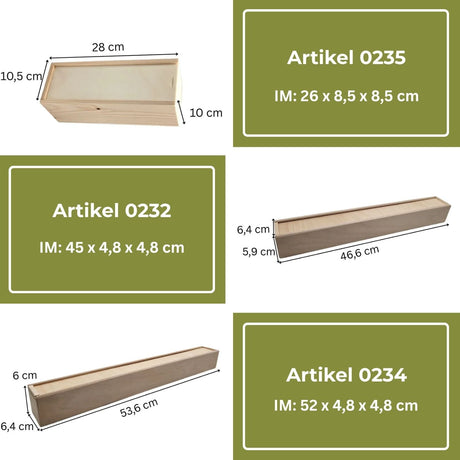 Verschiedene Holzkisten mit Abmessungen.