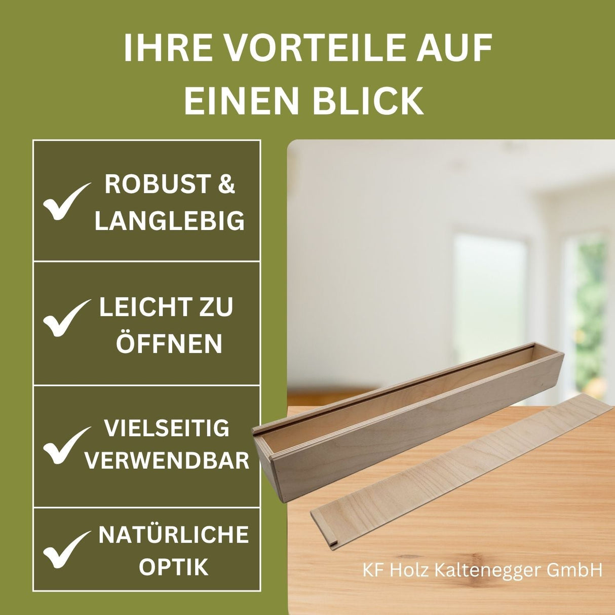 Schublade und Deckel aus Holz.