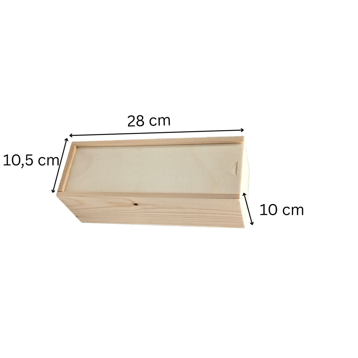 Rechteckige Holzkiste mit Abmessungen.