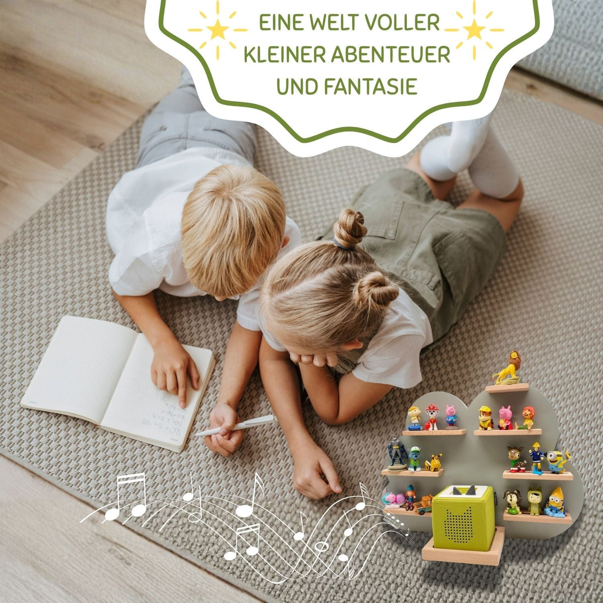 Holzspielzeugschloss-Set mit bunten Figuren und einem grünen Lautsprecher.