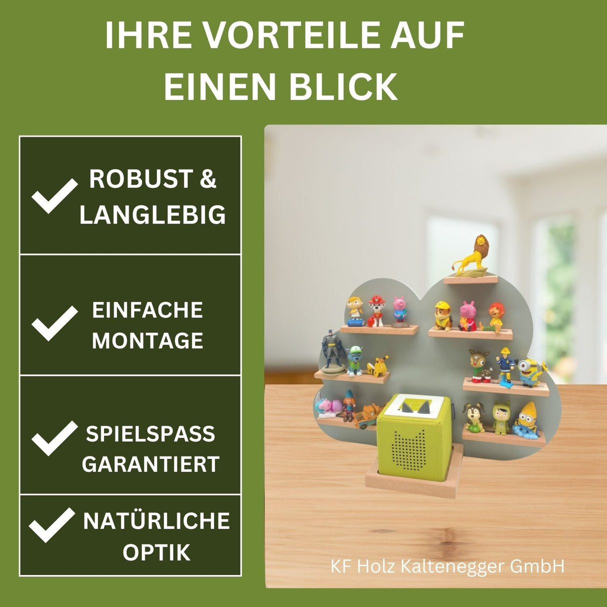 Holz-Regale in Herzform mit Spielzeugfiguren und einem grünen Lautsprecher.