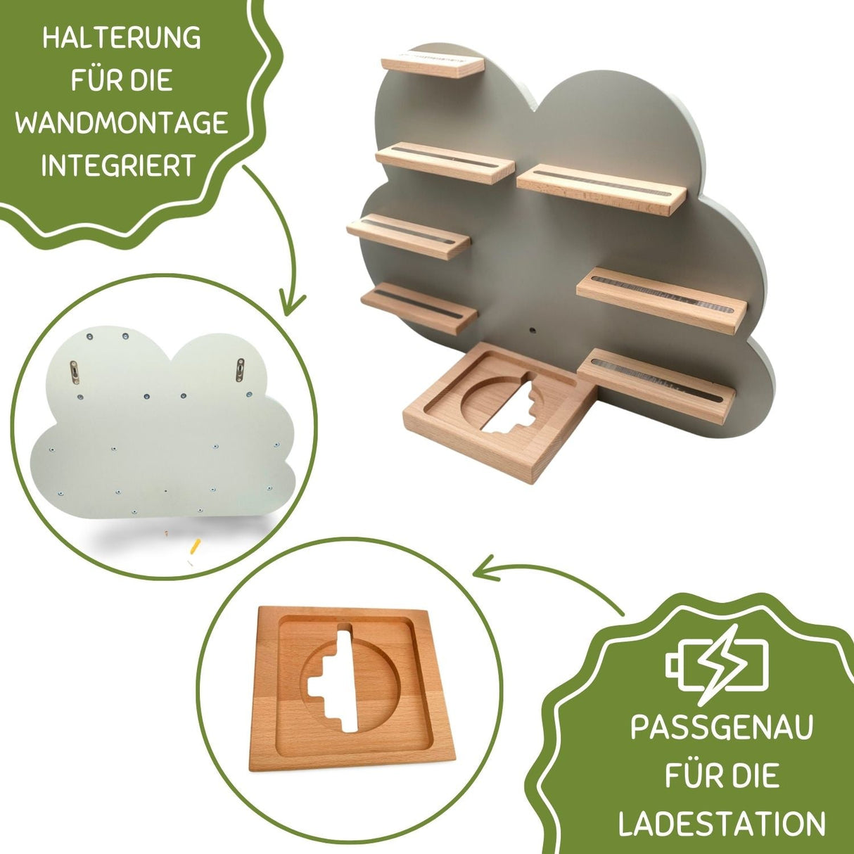Wolkenförmige, aus Holz gefertigte, wandmontierte Ladestation mit integrierten Regalen und natürlicher Holzoptik.