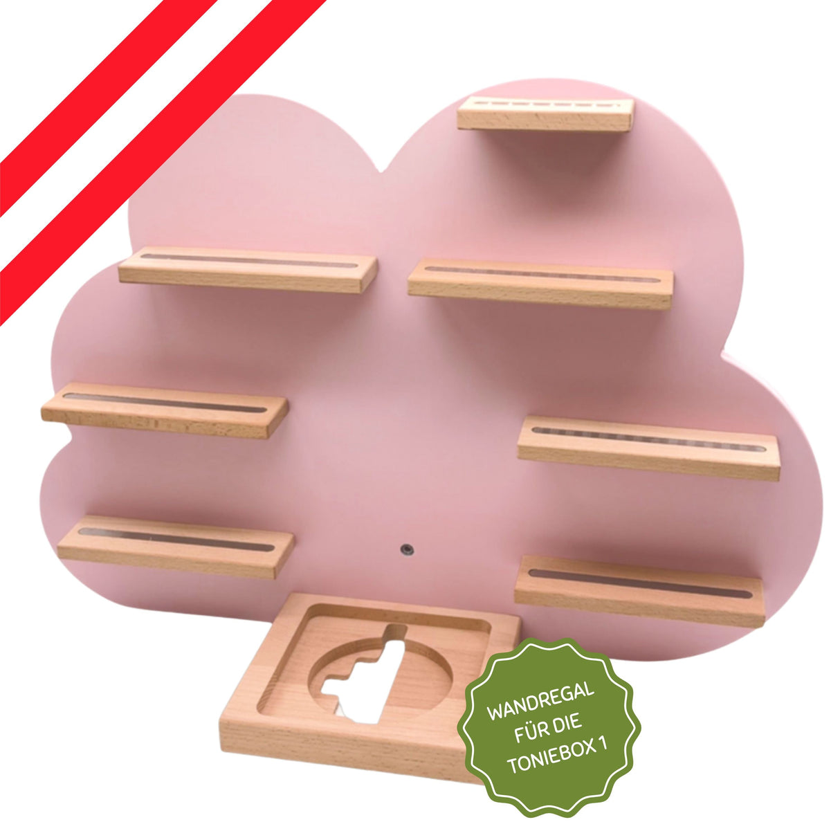 Wolkenförmiges Holzregal mit rosa Hintergrund und weißem Textetikett.