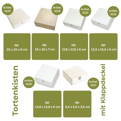 Sammlung von Holzkisten mit Scharnierdeckel, einige weiß lackiert.