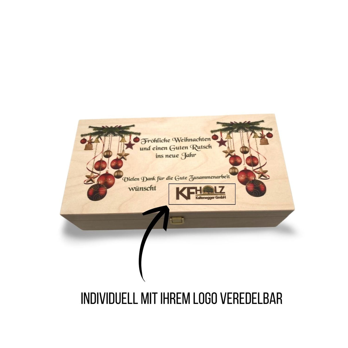 Helle Holzkiste mit dekorativem Weihnachtsmotiv.