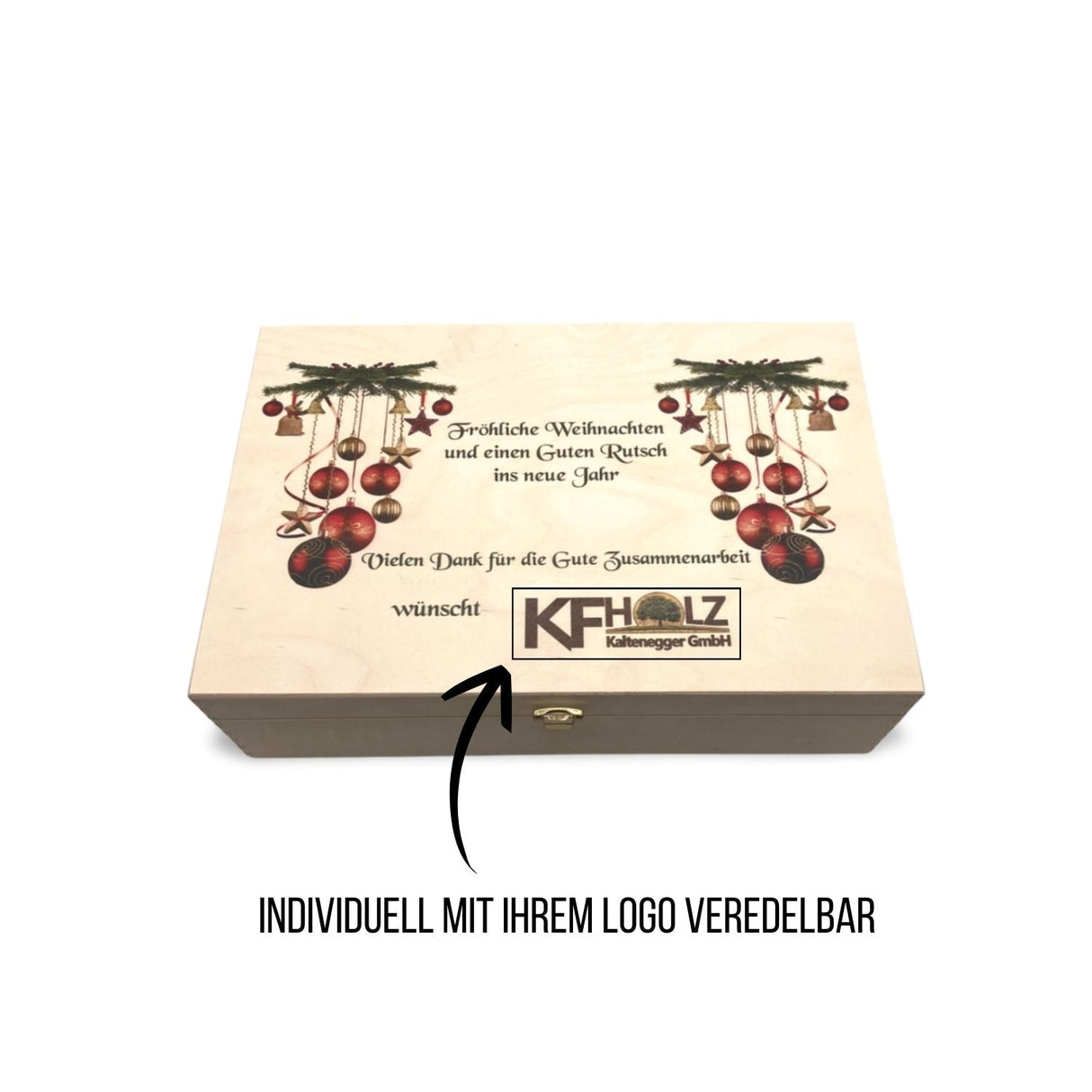 Helle Holzkiste mit festlichem Weihnachtsmotiv.