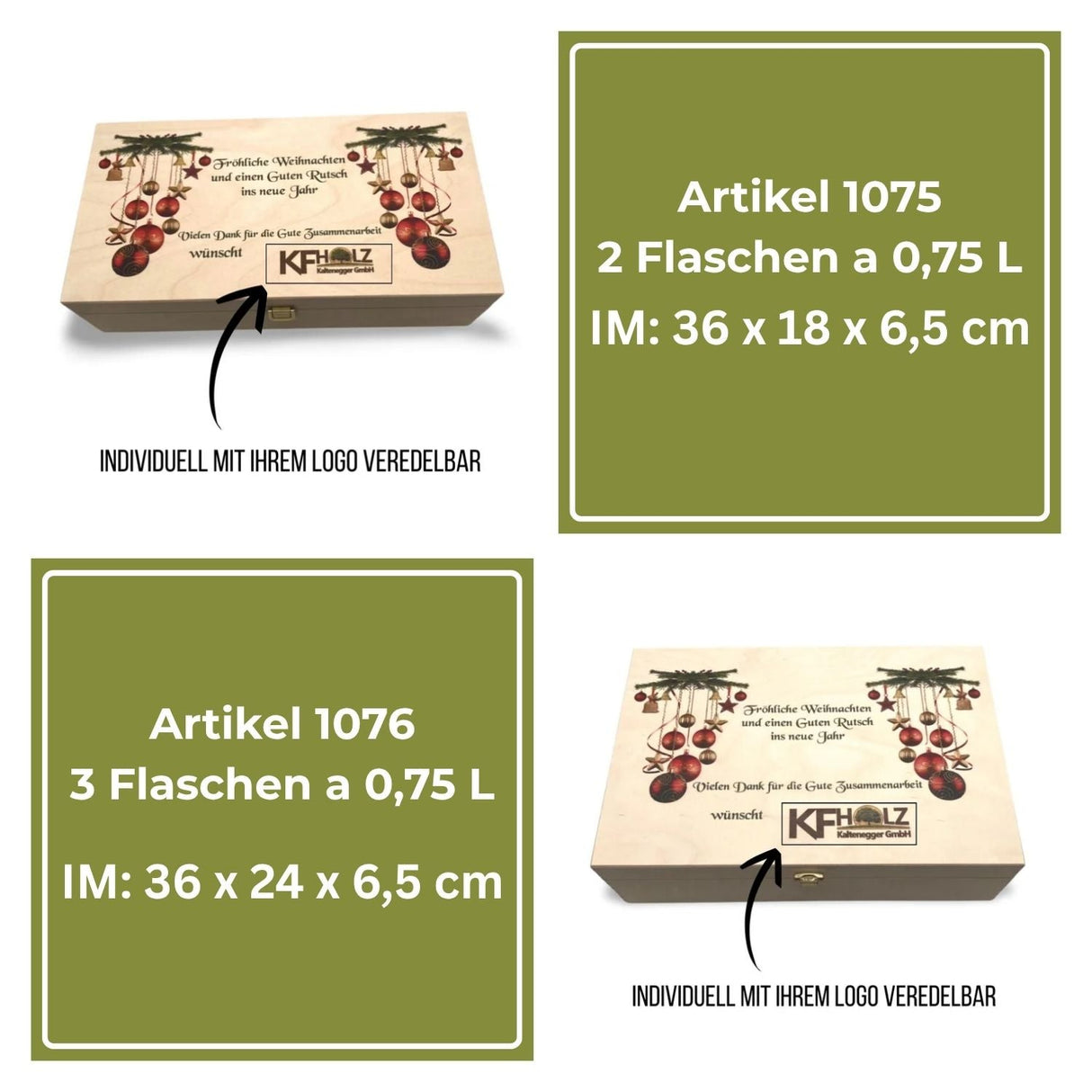 Geschenkbox aus Holz mit weihnachtlichem Design, erhältlich in zwei Größen für zwei oder drei 0,75-Liter-Flaschen.