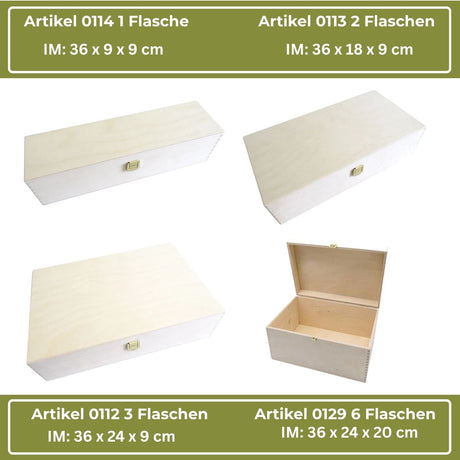 Eine Sammlung von Holzkisten für Flaschen in verschiedenen Größen.