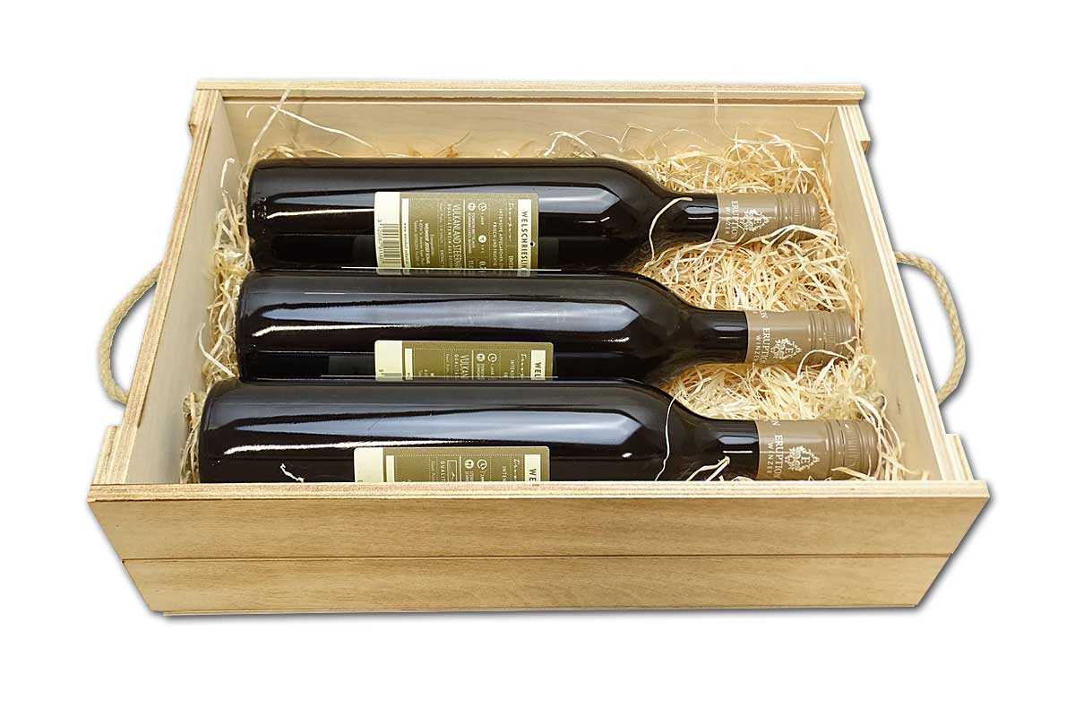 Weinkiste mit Schiebedeckel - 3 Flaschen flambiert 36 x 26 x 10 cm