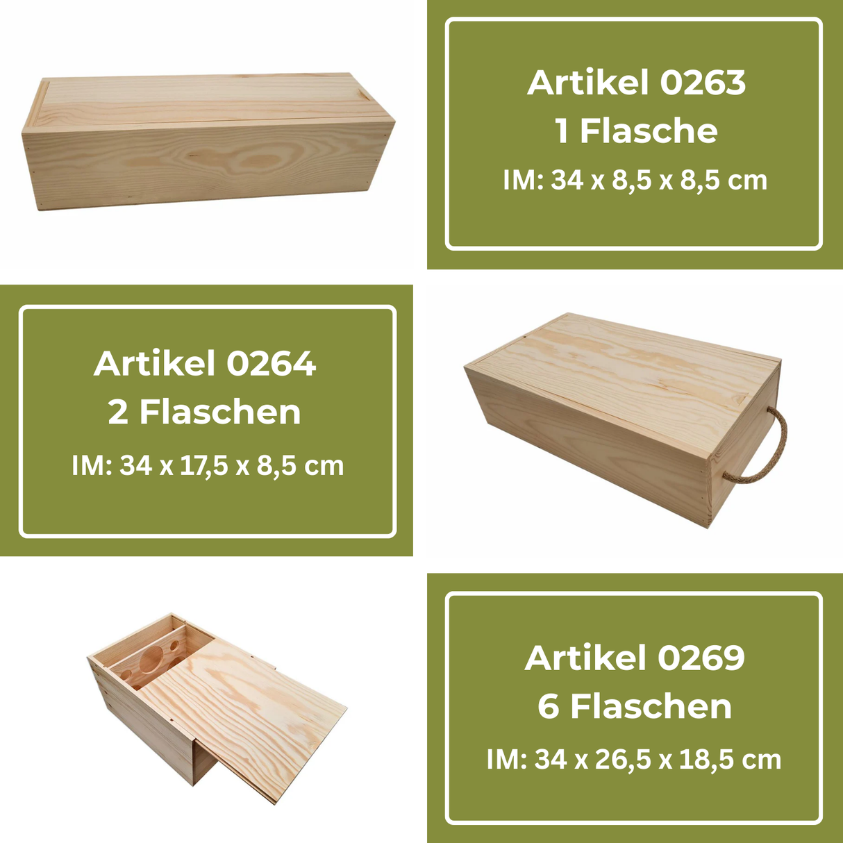 Hellelfenholz-Weinbox mit Griff und unterschiedlichen Größen für eine, zwei oder sechs Flaschen.