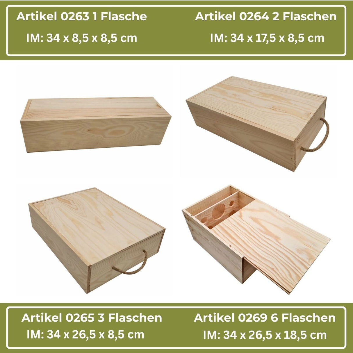 Helle Weinkisten aus Holz mit verschiedenen Fassungsvermögen und Abmessungen.