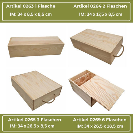 Helle Weinkisten aus Holz mit verschiedenen Fassungsvermögen und Abmessungen.