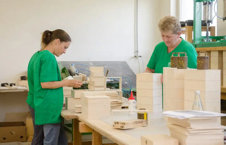 Zwei Frauen, die holzboxen in einer Werkstatt zusammensetzen.