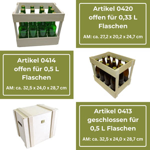 Holzkisten zur Aufnahme von Flaschen unterschiedlicher Größe, sowohl in offener als auch in geschlossener Ausführung.