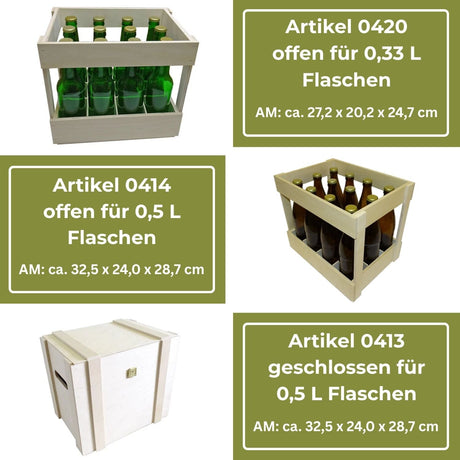 Holzkisten zur Aufnahme von Flaschen unterschiedlicher Größe, sowohl in offener als auch in geschlossener Ausführung.