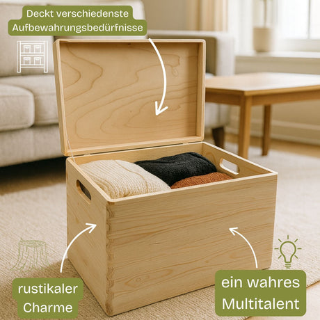 Helle Holzschachtel mit Scharnierdeckel und seitlichen Griffen, gefüllt mit gefalteter Kleidung.