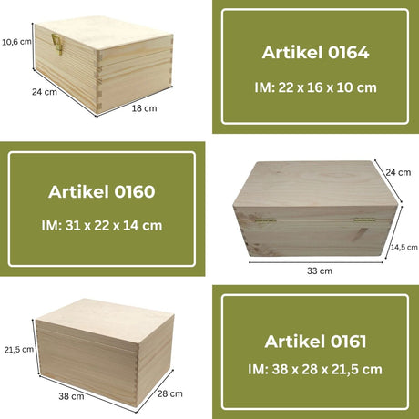 Holz-Aufbewahrungsbox mit natürlicher Oberfläche, Maße 38 x 28 x 21,5 cm und robuster Konstruktion für praktische Verwendung.