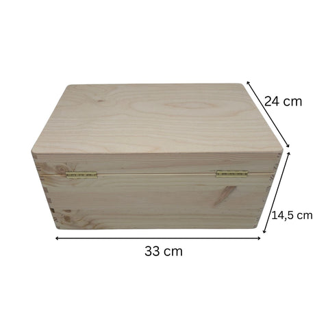 Klappbox aus Holz mit Abmessungen.
