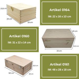 Sortiment von hölzernen Aufbewahrungsboxen mit Scharnierdeckeln.