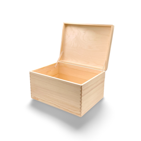 Holz-Aufbewahrungsbox mit Deckel, hellbraune Farbe und natürliche Holzmaserungstextur.