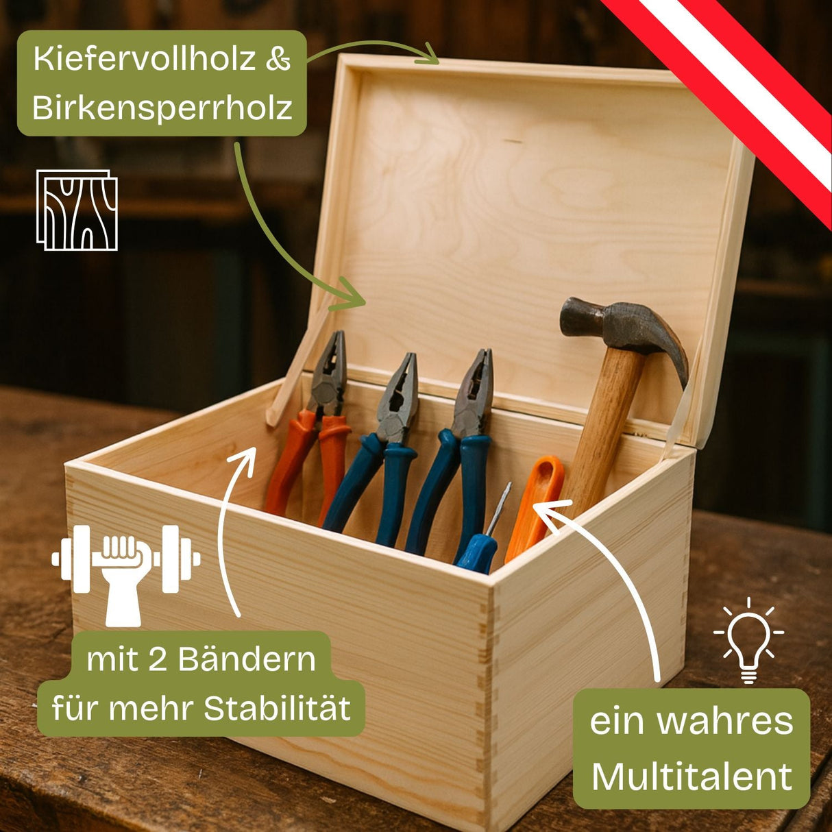 Holz-Werkzeugkasten mit Zange und Hammer, Kiefer Massivholz und Birken-Sperrholz, robustes Design für Stabilität.