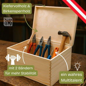 Holz-Werkzeugkasten mit Zange und Hammer, Kiefer Massivholz und Birken-Sperrholz, robustes Design für Stabilität.