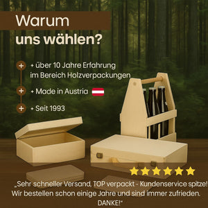 Hellfarbener hölzerner Bierflaschen-Träger mit Griff und Schlitzen zum Halten von Flaschen.