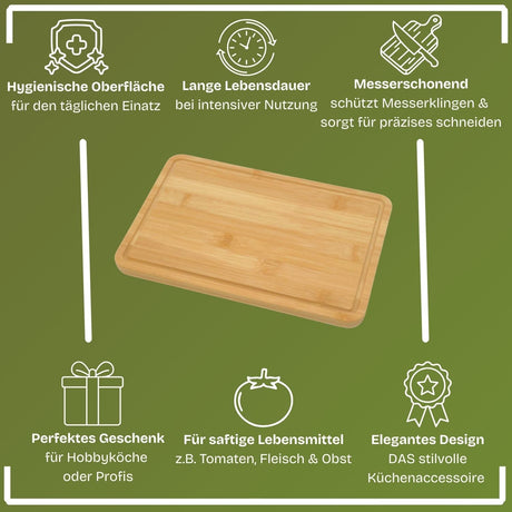 Rechteckiges Bambusschneidebrett mit abgerundeten Ecken und natürlicher Holzmaserung.