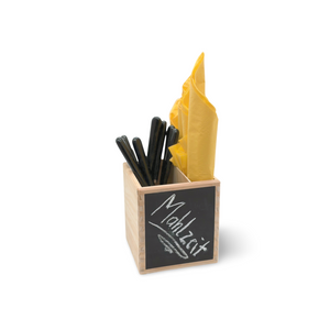 Holz-Stifteloch für Kreidetafel mit schwarzer Schrift und gelbem Papier.