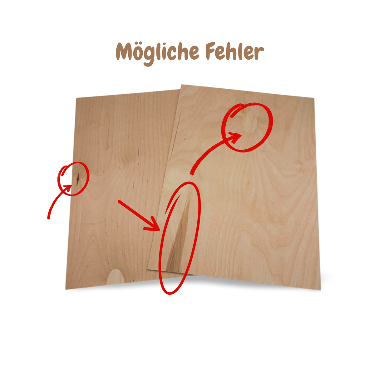 Hellgraue Sperrholzplatten mit roten Kreisen und Pfeilen, die potenzielle Defekte hervorheben.