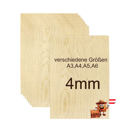 Mehrere Blätter aus 4 mm dickem, hellem Holzfurnier in verschiedenen Größen der A-Serie (A3, A4, A5, A6).