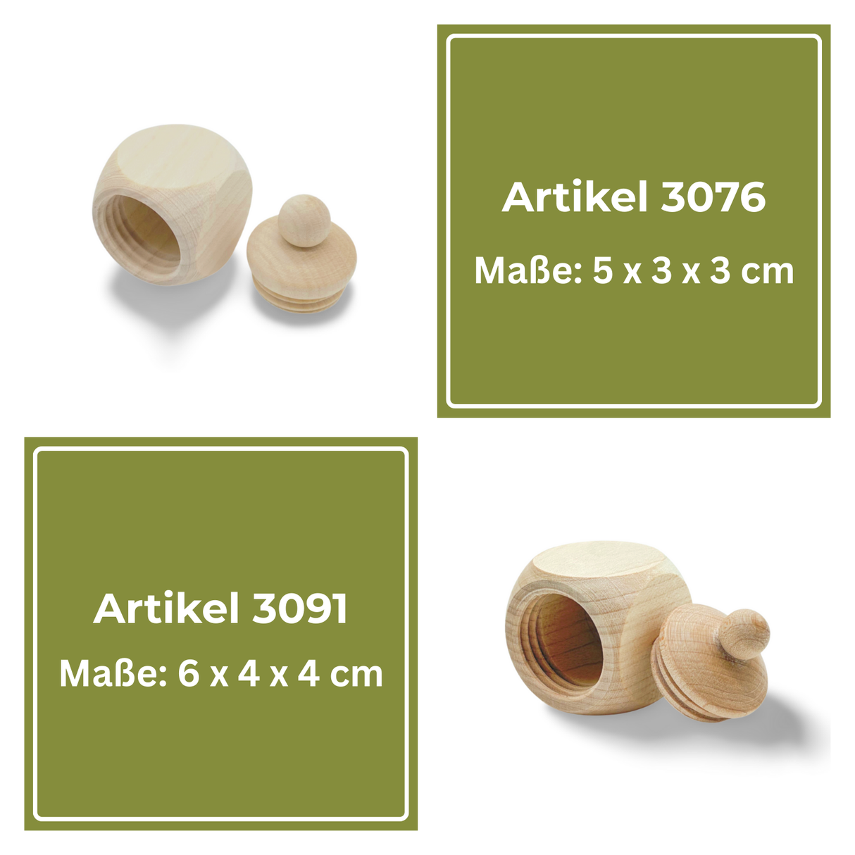 Helles Holzgewürzgefäß mit passendem Deckel, der einen kleinen runden Knopf hat.