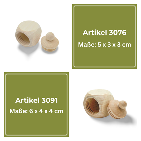 Helles Holzgewürzgefäß mit passendem Deckel, der einen kleinen runden Knopf hat.