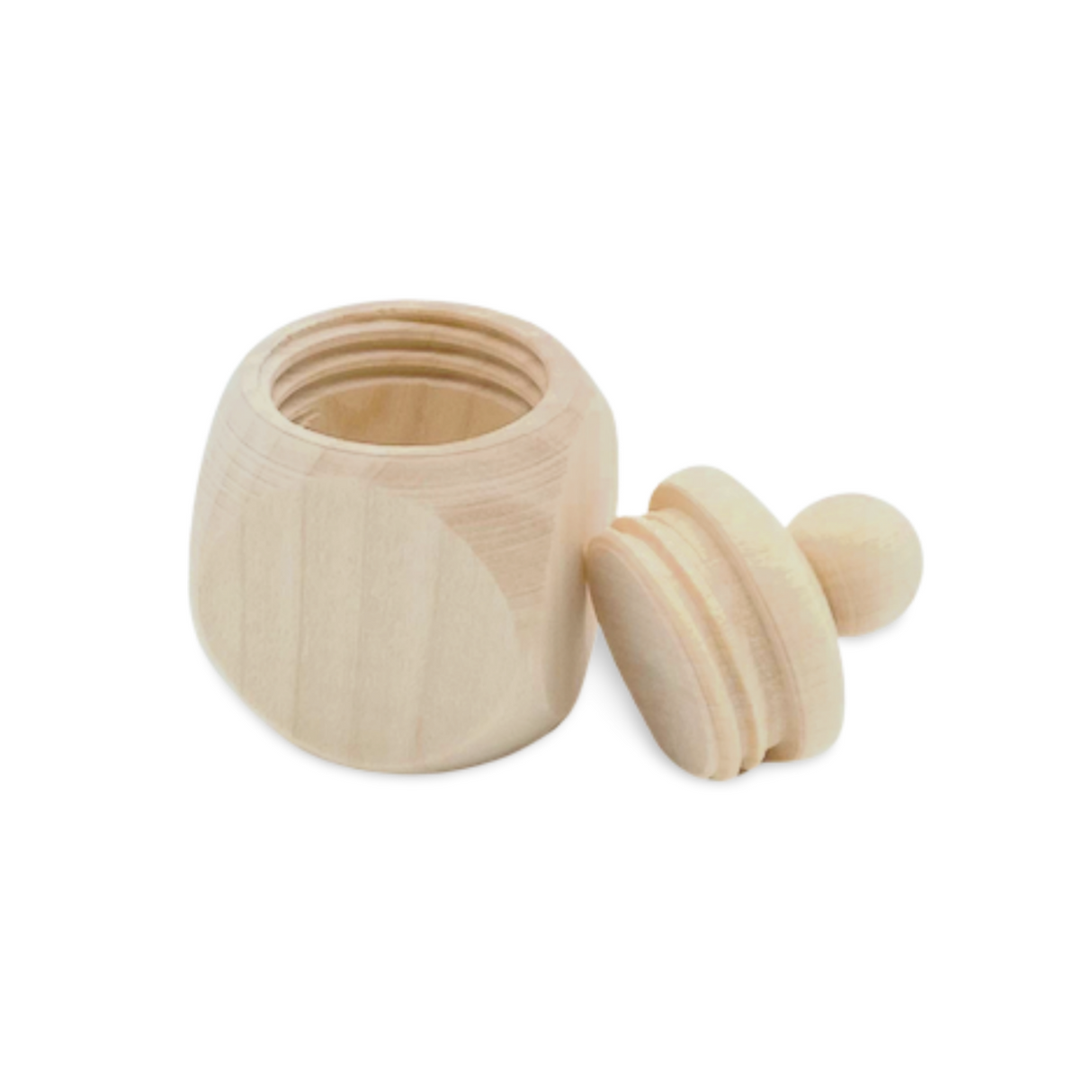 Holzbehälter in Nussform mit passendem Deckel, hellbeige Farbe und glatter Oberfläche.