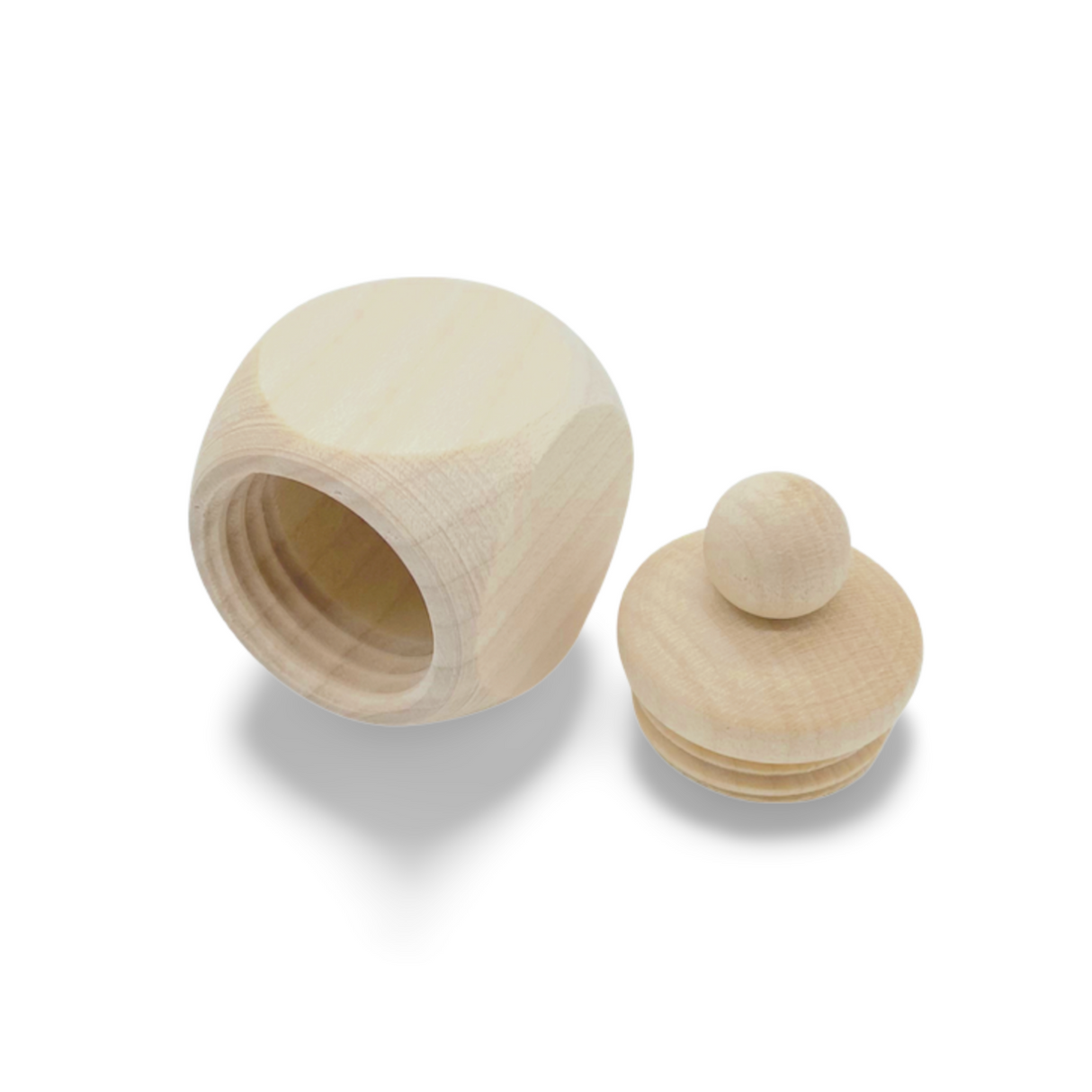 Holzbehälter in Kugelform mit Deckel, natürliche Oberfläche.