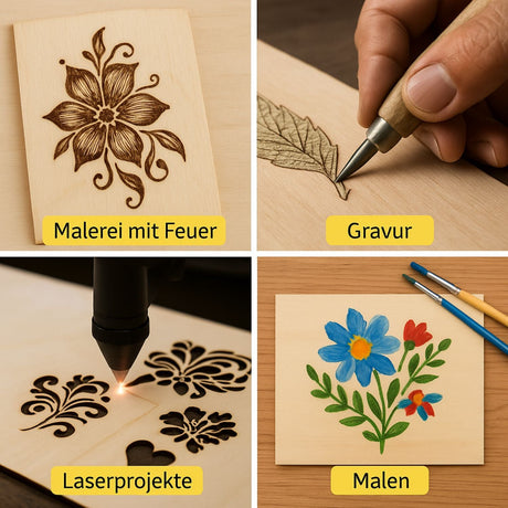 Verschiedene Holzbearbeitungstechniken und ihre Ergebnisse.