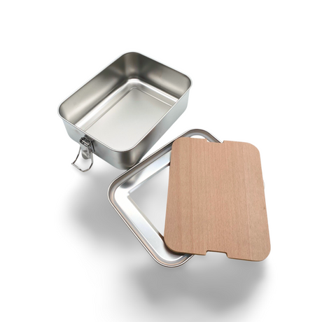 Edelstahl-Bento-Box mit Holdeckel, silber-braunes Farbschema.