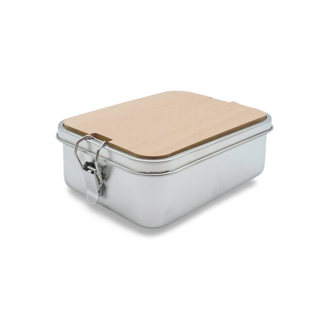 Silberne Lunchbox mit Holdeckel und Metallverschluss, minimalistisches Design.