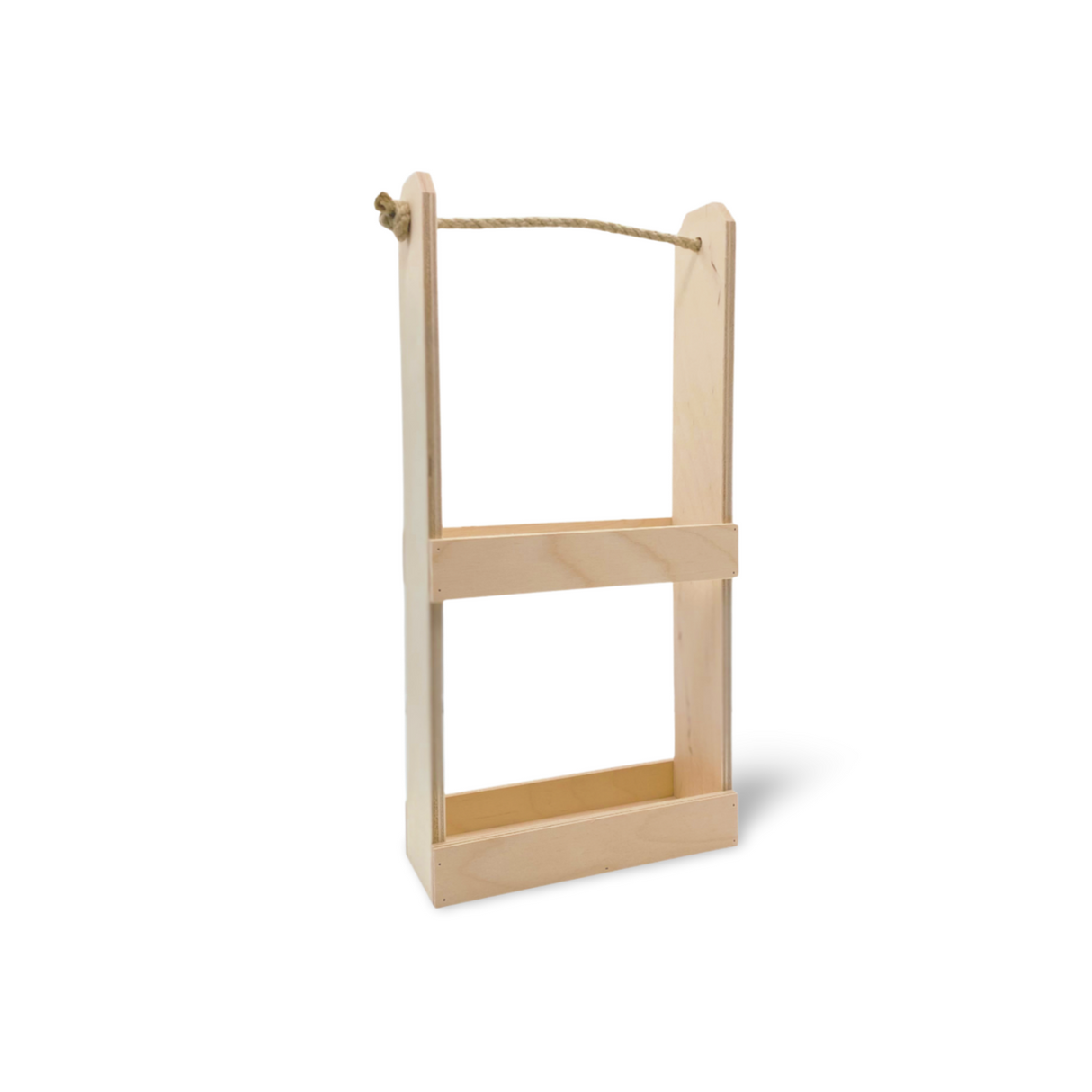 Ein heller Holzrahmen mit einem Seilgriff, geeignet für den Transport von Flaschen.