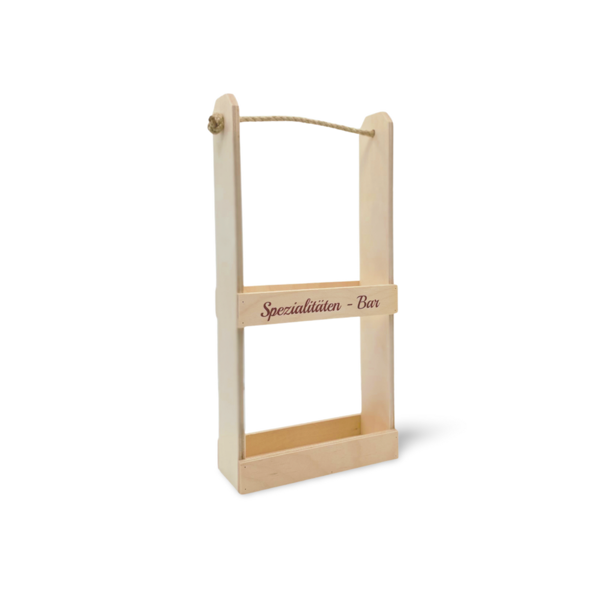 Eine helle Holzkiste mit einem Seilgriff, die für Flaschen bestimmt ist.