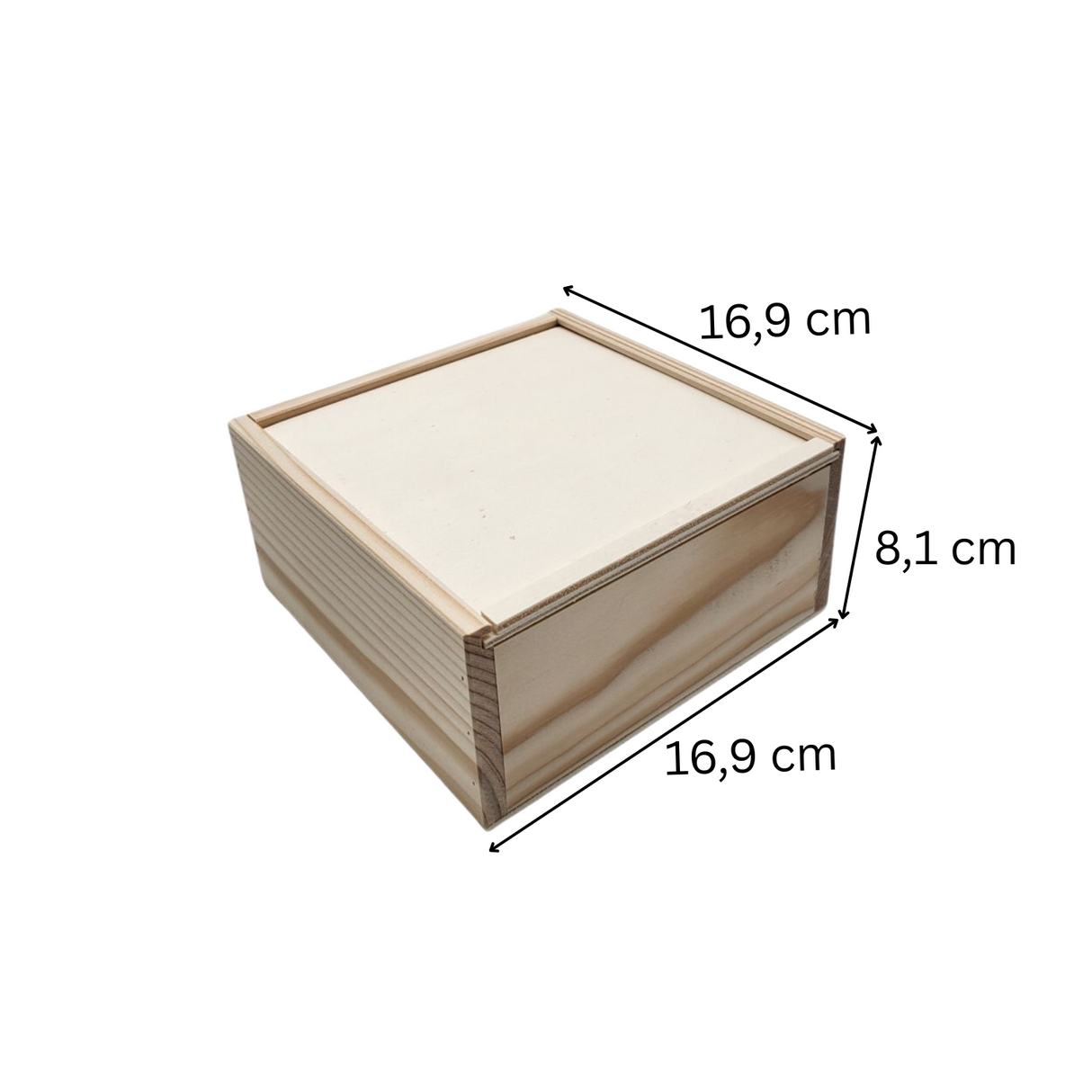 Holzkiste mit Abmessungen.